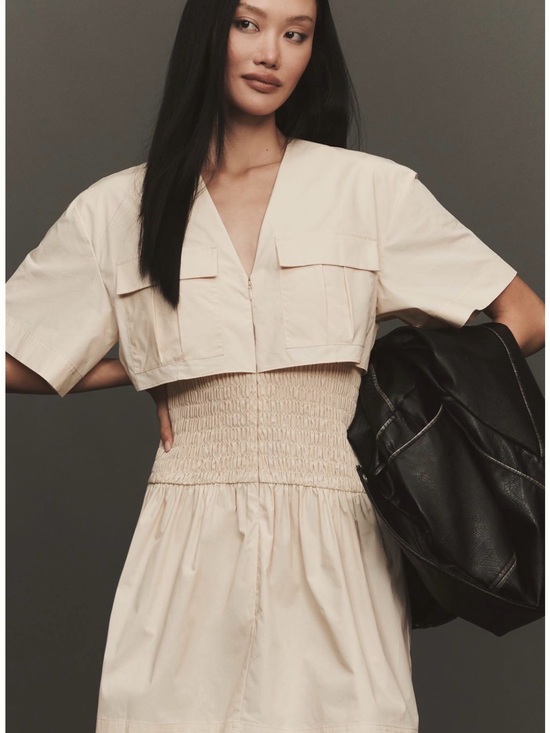 Anthropologie Dresses & Skirts - Anthropologie Cream Short-Sleeve Smocked-Waist Mini Dress